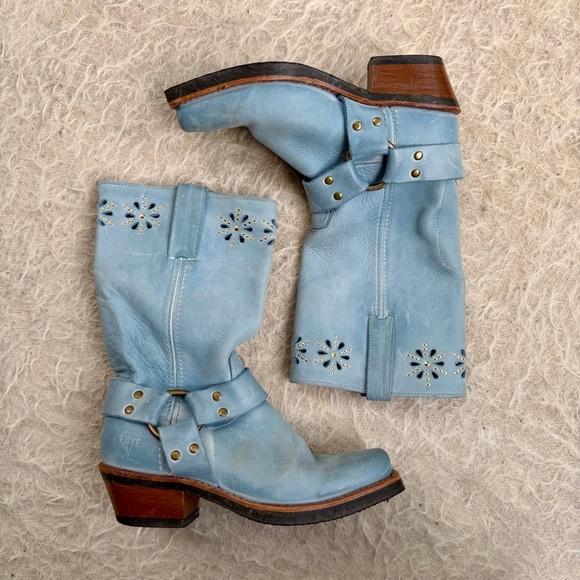 Frye Shoes - Super Rare Frye Sky-Blue Floral Cut Out Harness Boots – Size 7.5